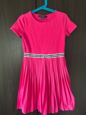 Like nPolo by Ralph Lauren Hot Pink Short Sleeve Pleated Dress with Striped Belt